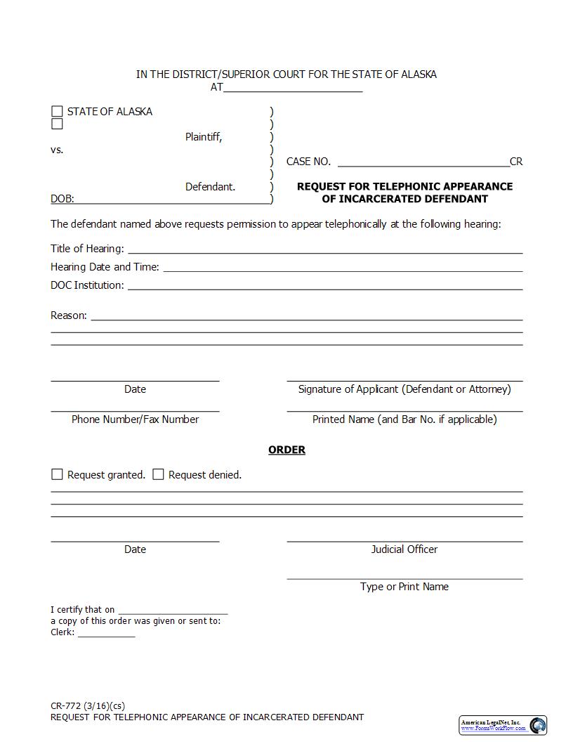 Request For Telephonic Appearance Of Incarcerated Defendant {CR-772} | Pdf Fpdf Docx | Alaska