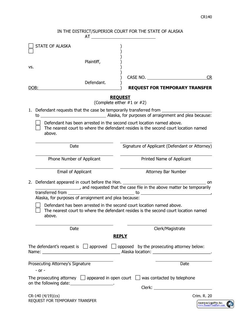 Request For Temporary Transfer {CR-140} | Pdf Fpdf Docx | Alaska