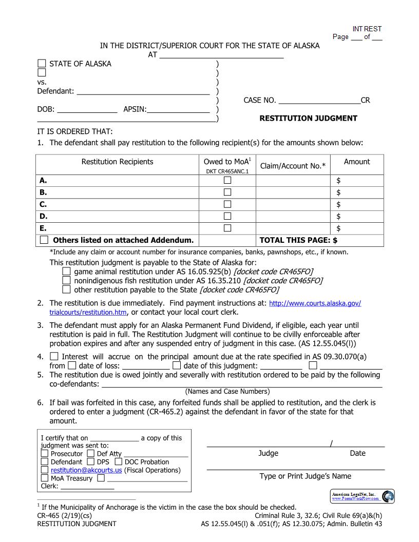 Restitution Judgment {CR-465} | Pdf Fpdf Docx | Alaska