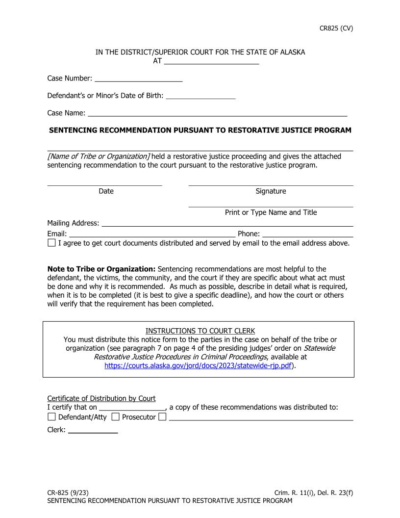 Sentencing Recommendation Pursuant To Restorative Justice Program {CR-825} | Pdf Fpdf Docx | Alaska