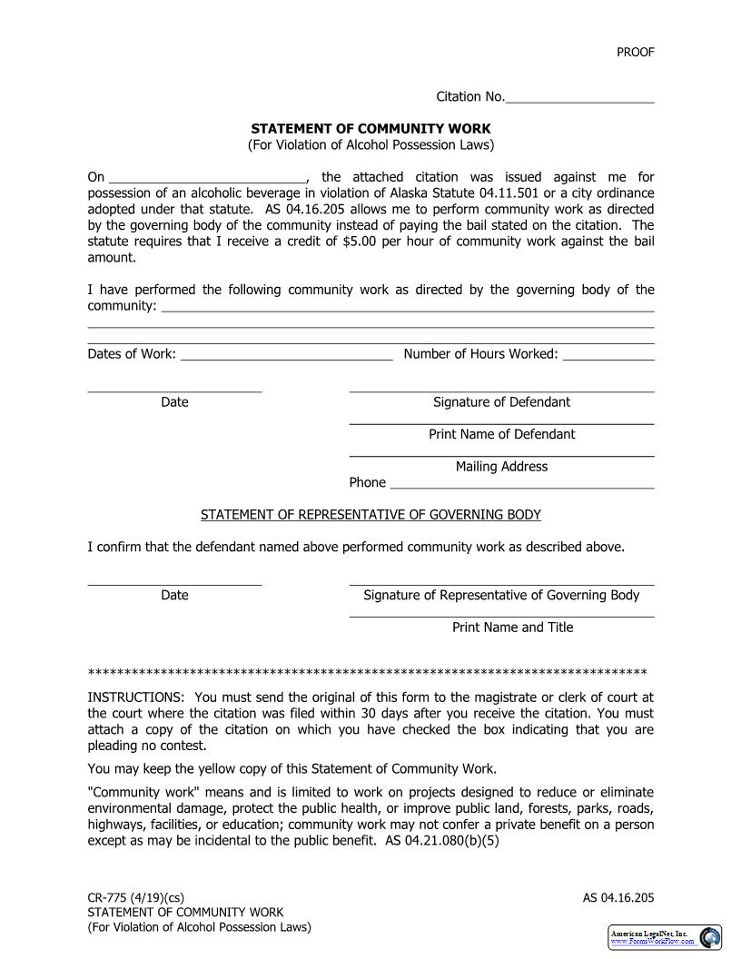 Statement Of Community Work (For Violation Of Alcohol Possession Laws) {CR-775} | Pdf Fpdf Docx | Alaska