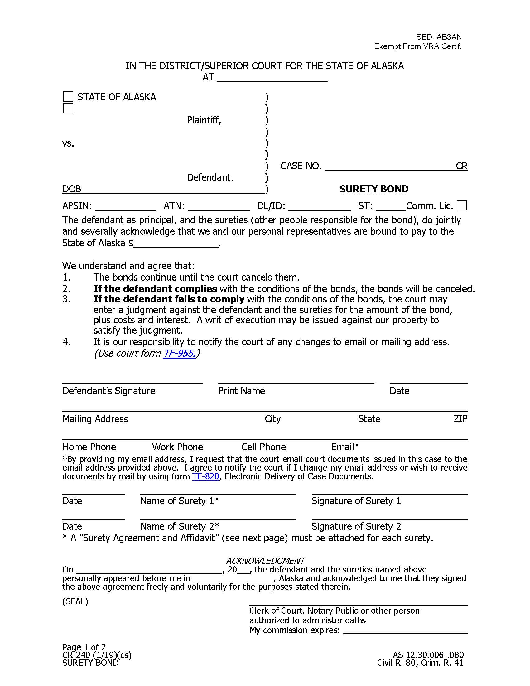 Surety Bond {CR-240} | Pdf Fpdf Docx | Alaska