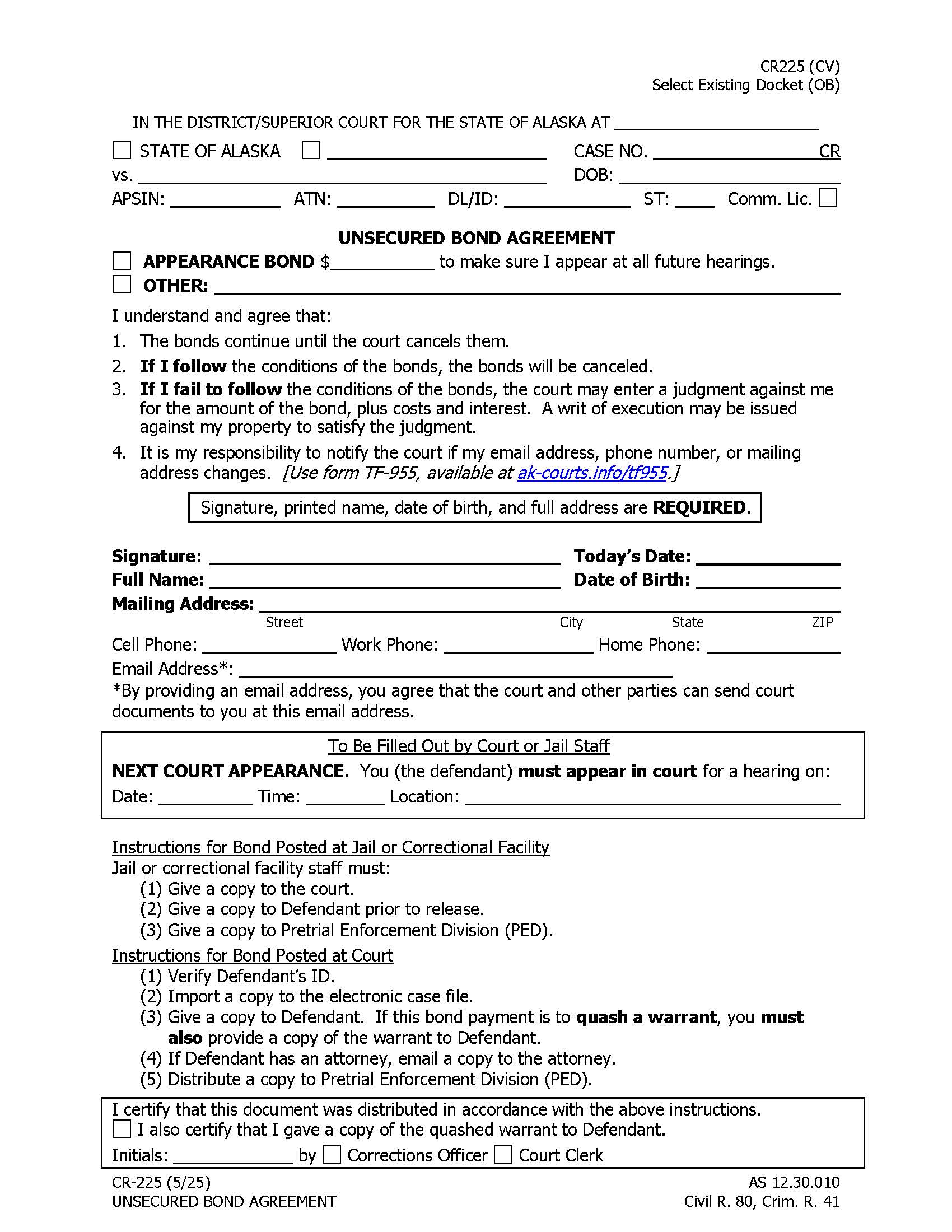 Unsecured Bond {CR-225} | Pdf Fpdf Docx | Alaska