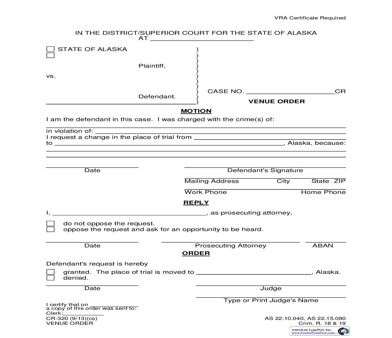 Venue Order {CR-320} | Pdf Fpdf Doc Docx | Alaska