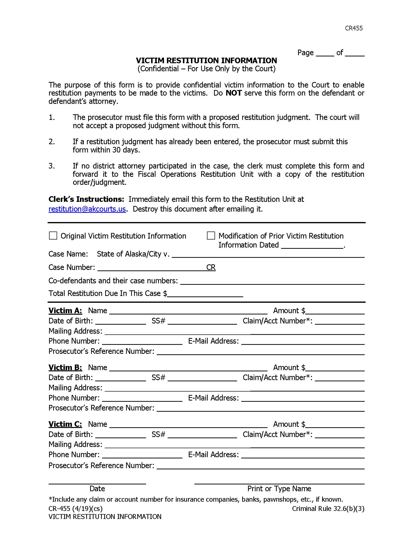 Victim Restitution Information {CR-455} | Pdf Fpdf Doc Docx | Alaska