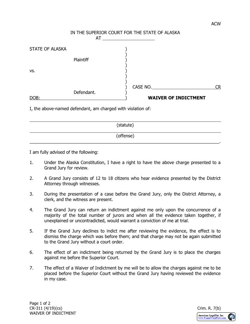 Waiver Of Indictment {CR-311} | Pdf Fpdf Docx | Alaska