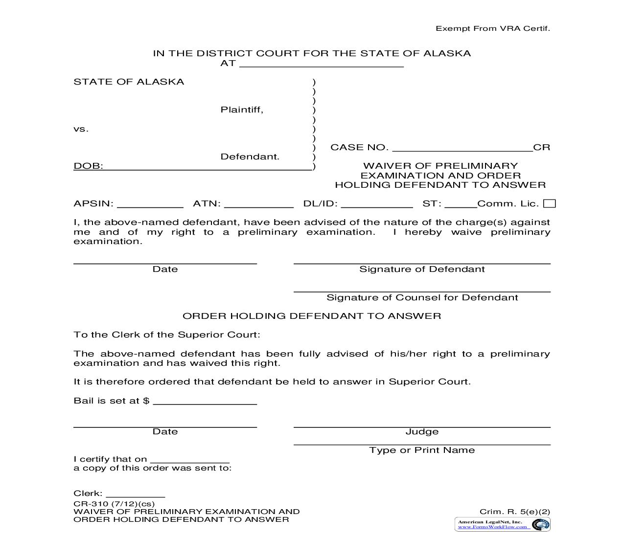 Waiver Of Preliminary Examination And Order Holding Defendant To Answer {CR-310} | Pdf Fpdf Doc Docx | Alaska