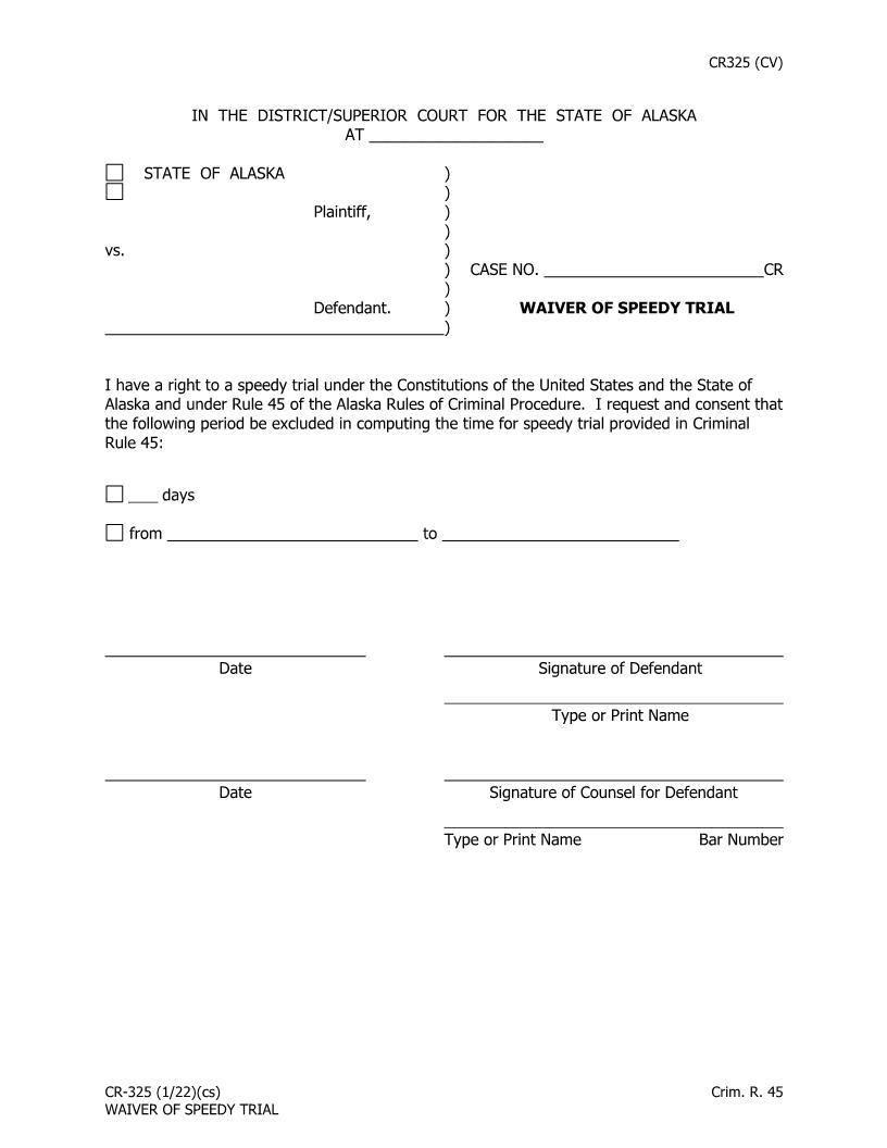 Waiver Of Speedy Trial {CR-325} | Pdf Fpdf Docx | Alaska