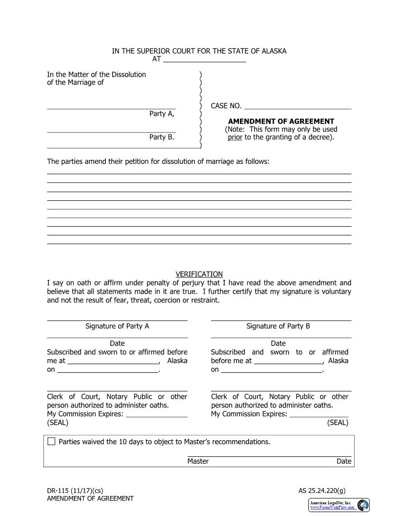 Amendment Of Agreement {DR-115} | Pdf Fpdf Docx | Alaska