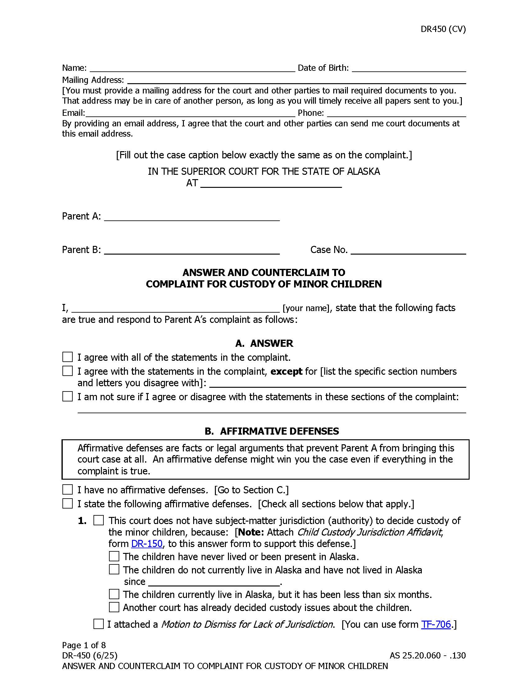 Answer To Complaint For Custody {DR-450} | Pdf Fpdf Docx | Alaska