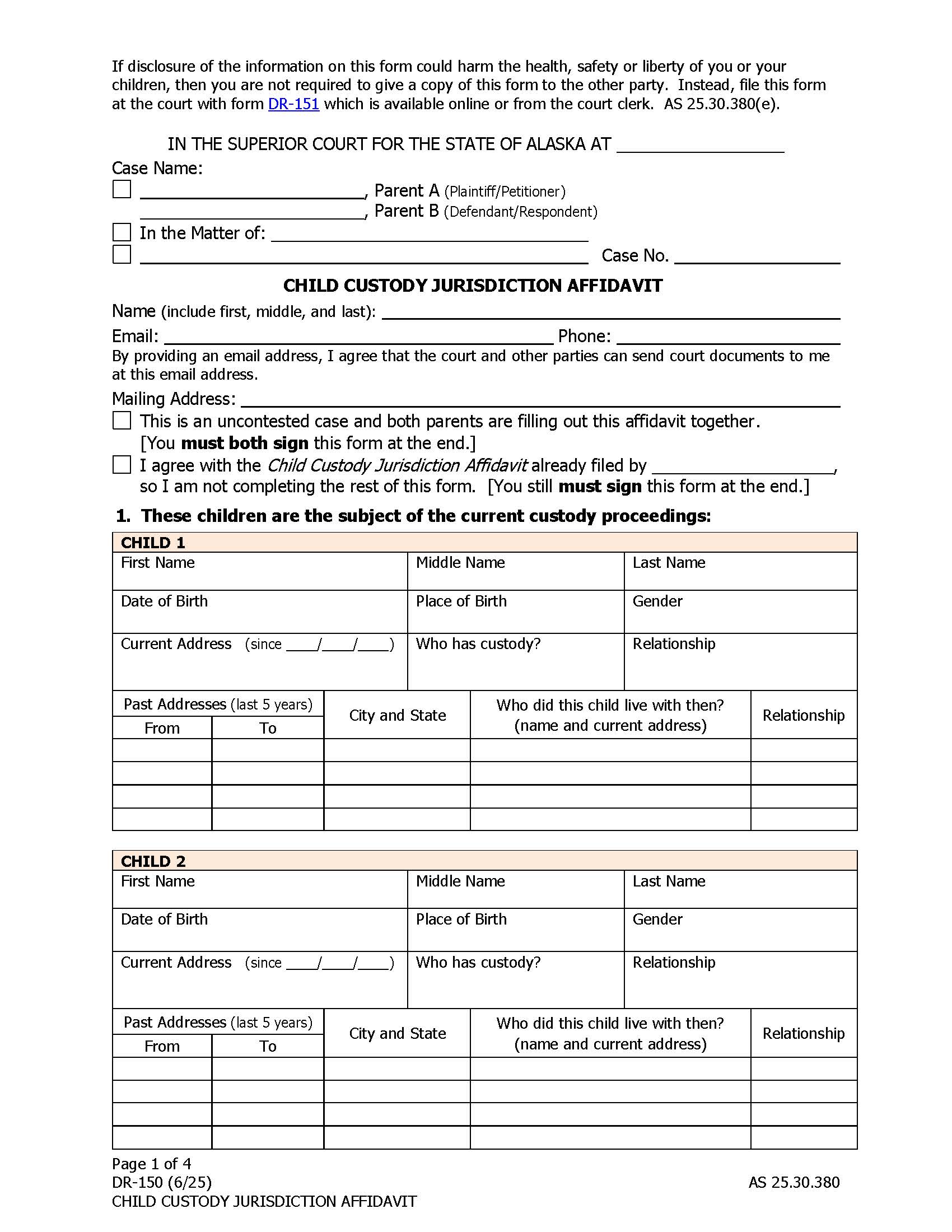 Child Custody Jurisdiction Affidavit {DR-150} | Pdf Fpdf Doc Docx | Alaska