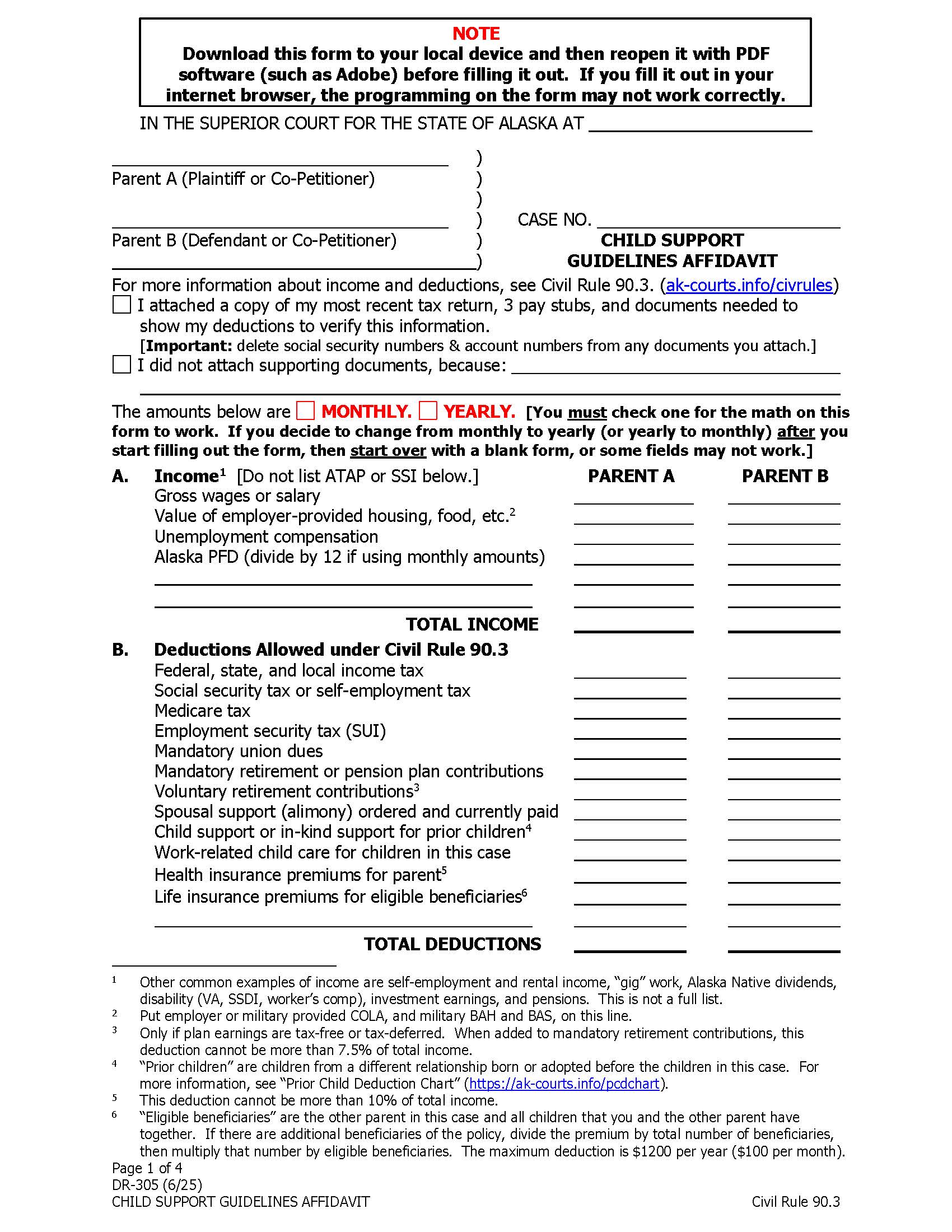 Child Support Guidelines Affidavit {DR-305} | Pdf Fpdf Docx | Alaska