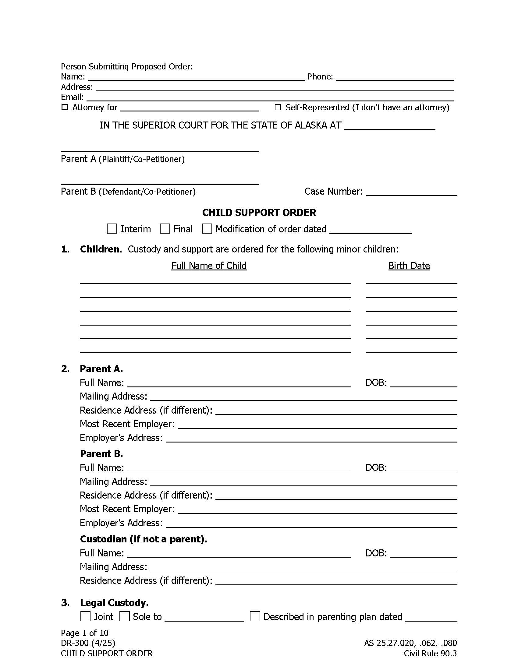 Child Support Order {DR-300} | Pdf Fpdf Docx | Alaska