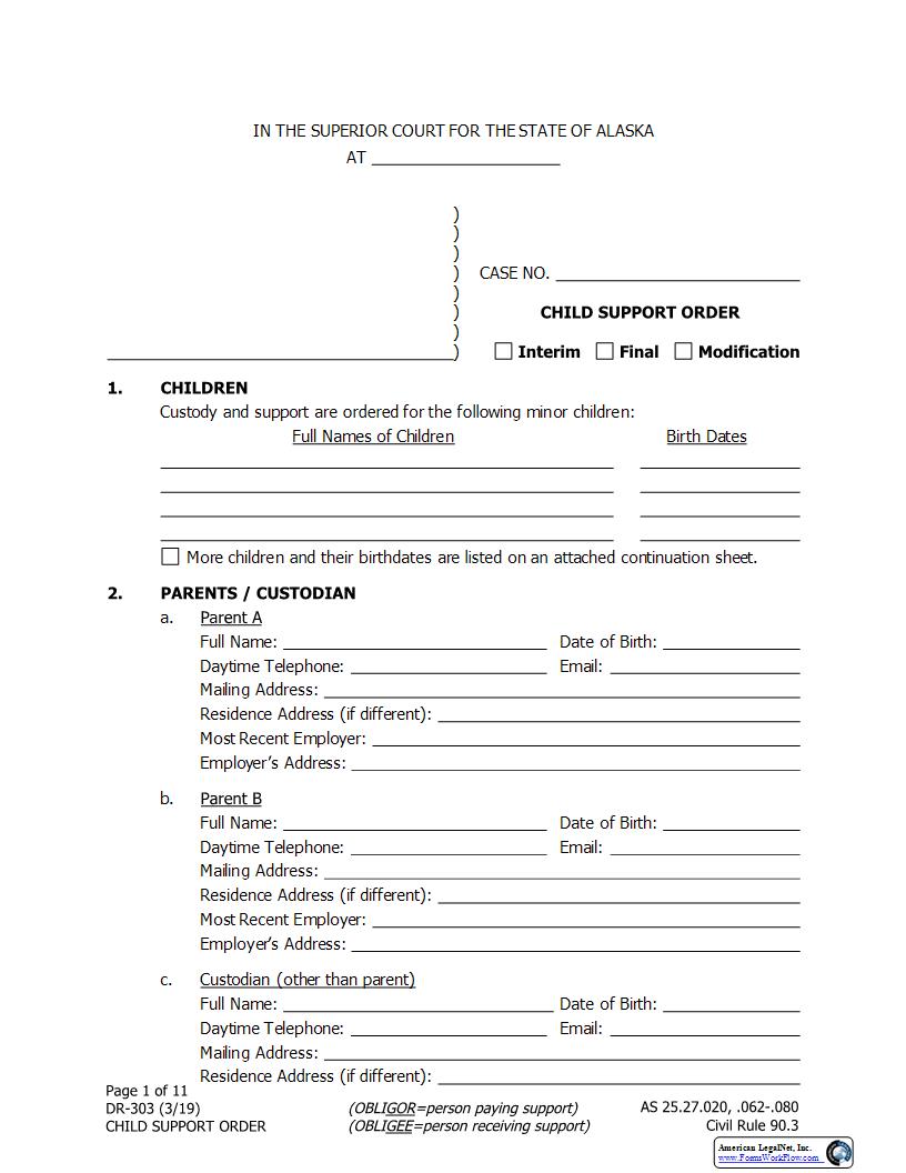 Child Support Order COMBO Combines DR-300 & DR-301 {DR-303} | Pdf Fpdf Docx | Alaska