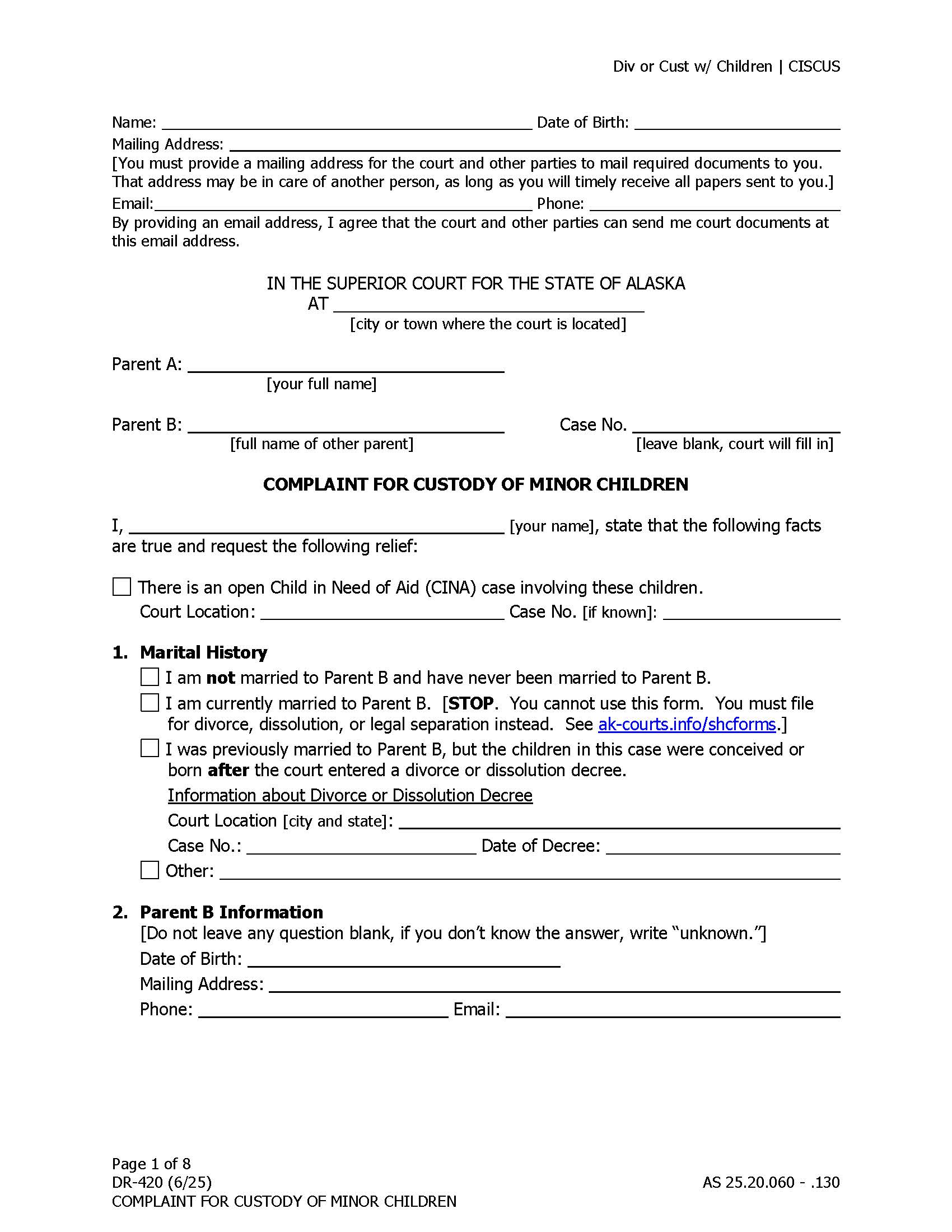 Complaint For Custody Of Minor Children {DR-420} | Pdf Fpdf Docx | Alaska