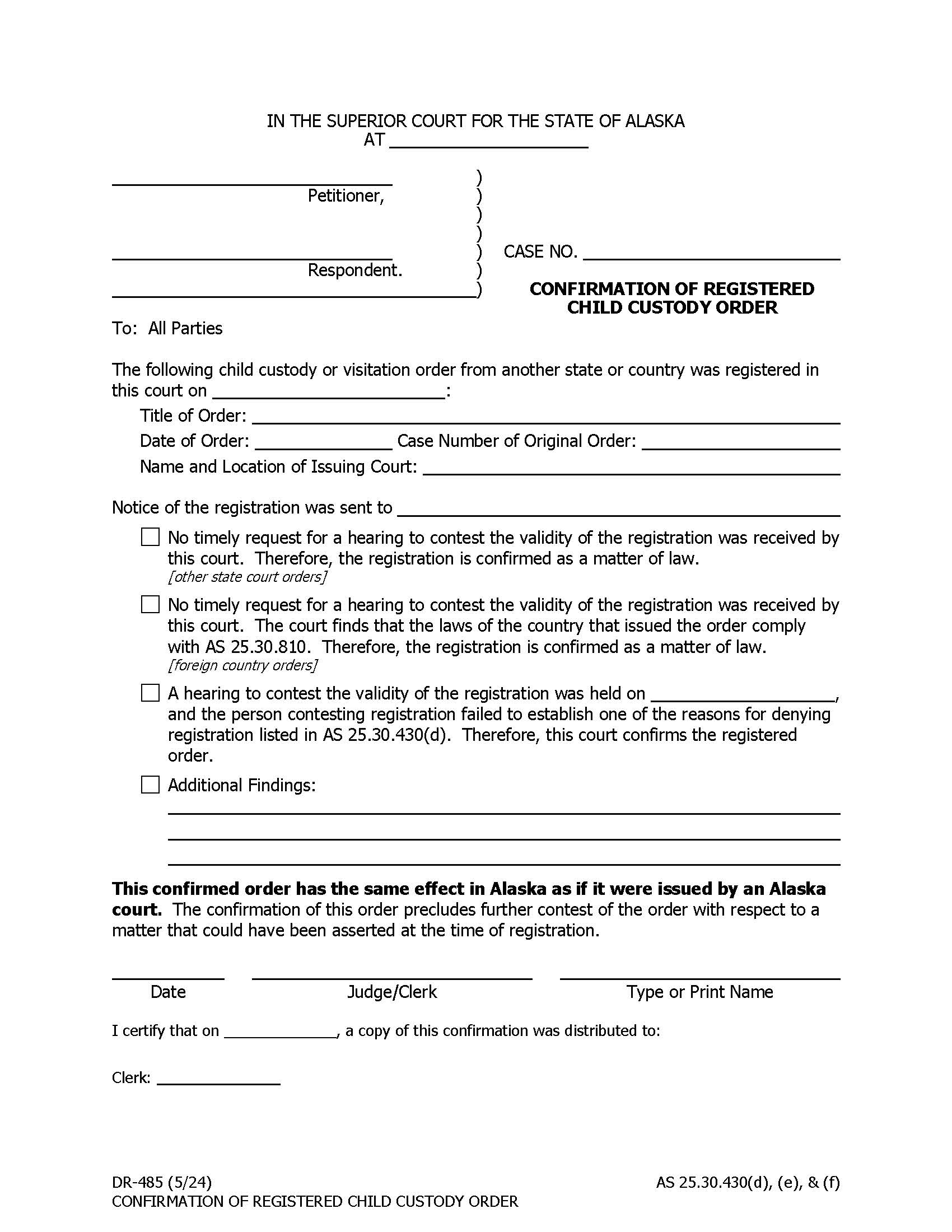 Confirmation Of Registered Child Custody Order {DR-485} | Pdf Fpdf Doc Docx | Alaska