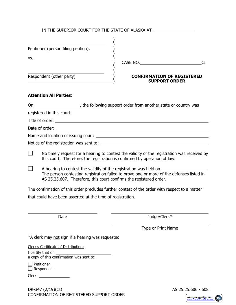 Confirmation Of Registered Support Order {DR-347} | Pdf Fpdf Docx | Alaska