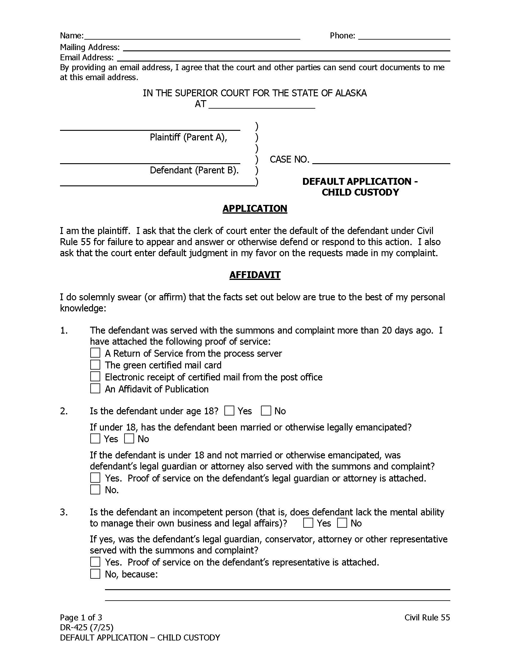 Default Application Child Custody {DR-425} | Pdf Fpdf Doc Docx | Alaska