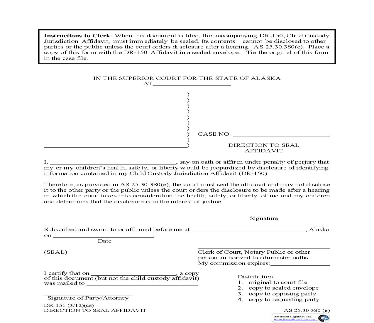 Direction To Seal Affidavit {DR-151} | Pdf Fpdf Doc Docx | Alaska