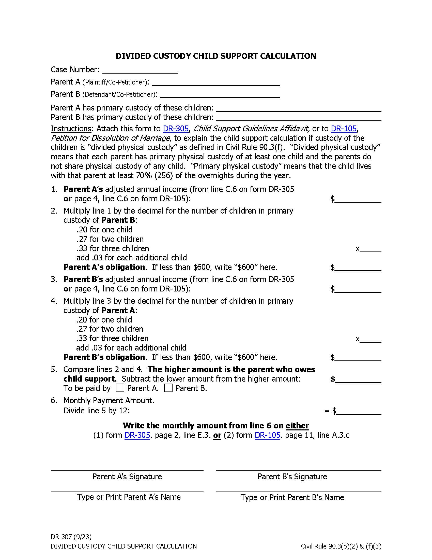 Divided Custody Child Support Calculation {DR-307} | Pdf Fpdf Docx | Alaska