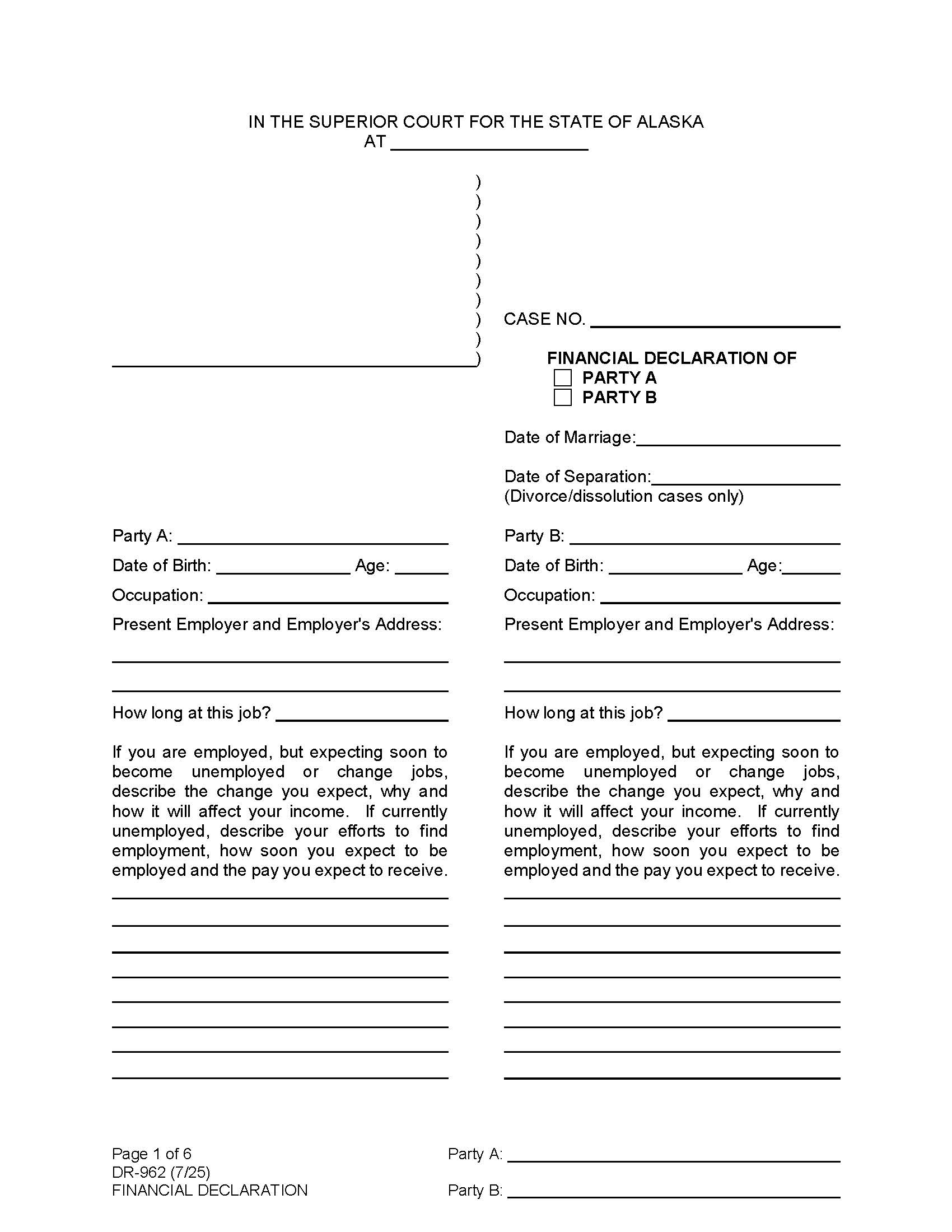 Financial Declaration {DR-962} | Pdf Fpdf Docx | Alaska