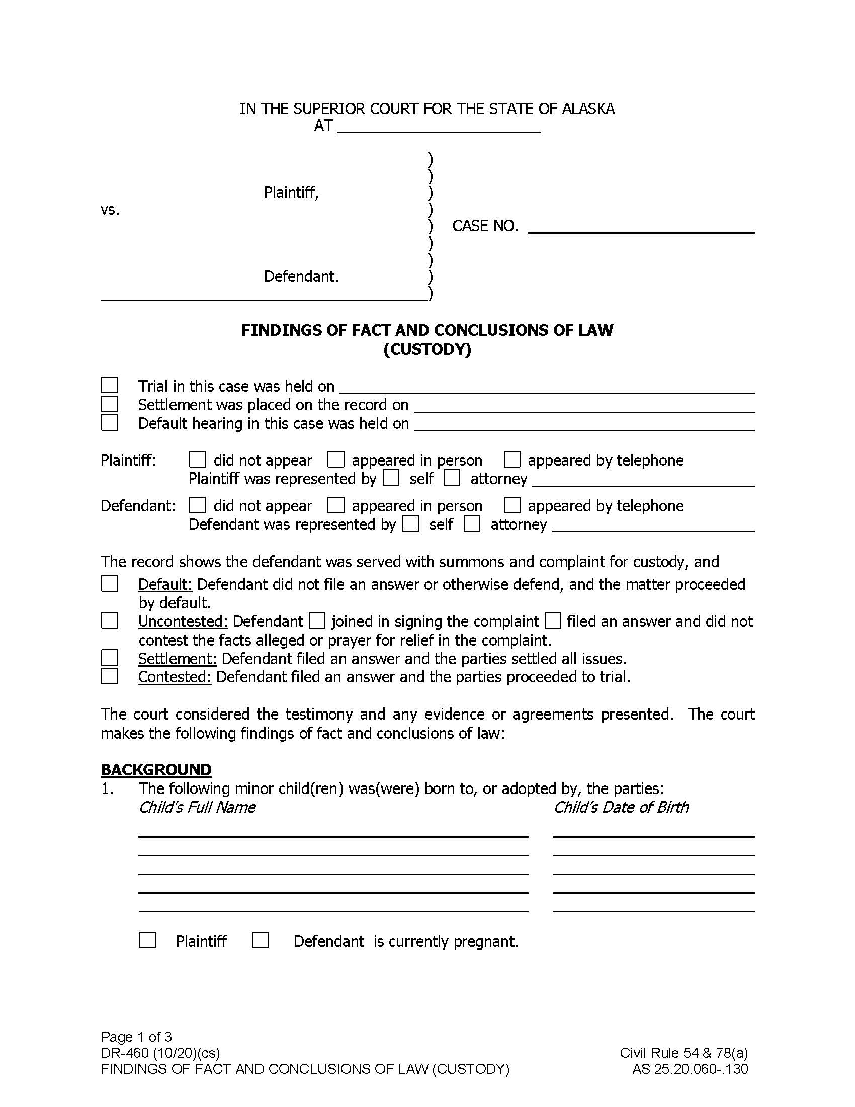 Findings Of Fact And Conclusions Of Law Custody {DR-460 & DR-465} | Pdf Fpdf Doc Docx | Alaska