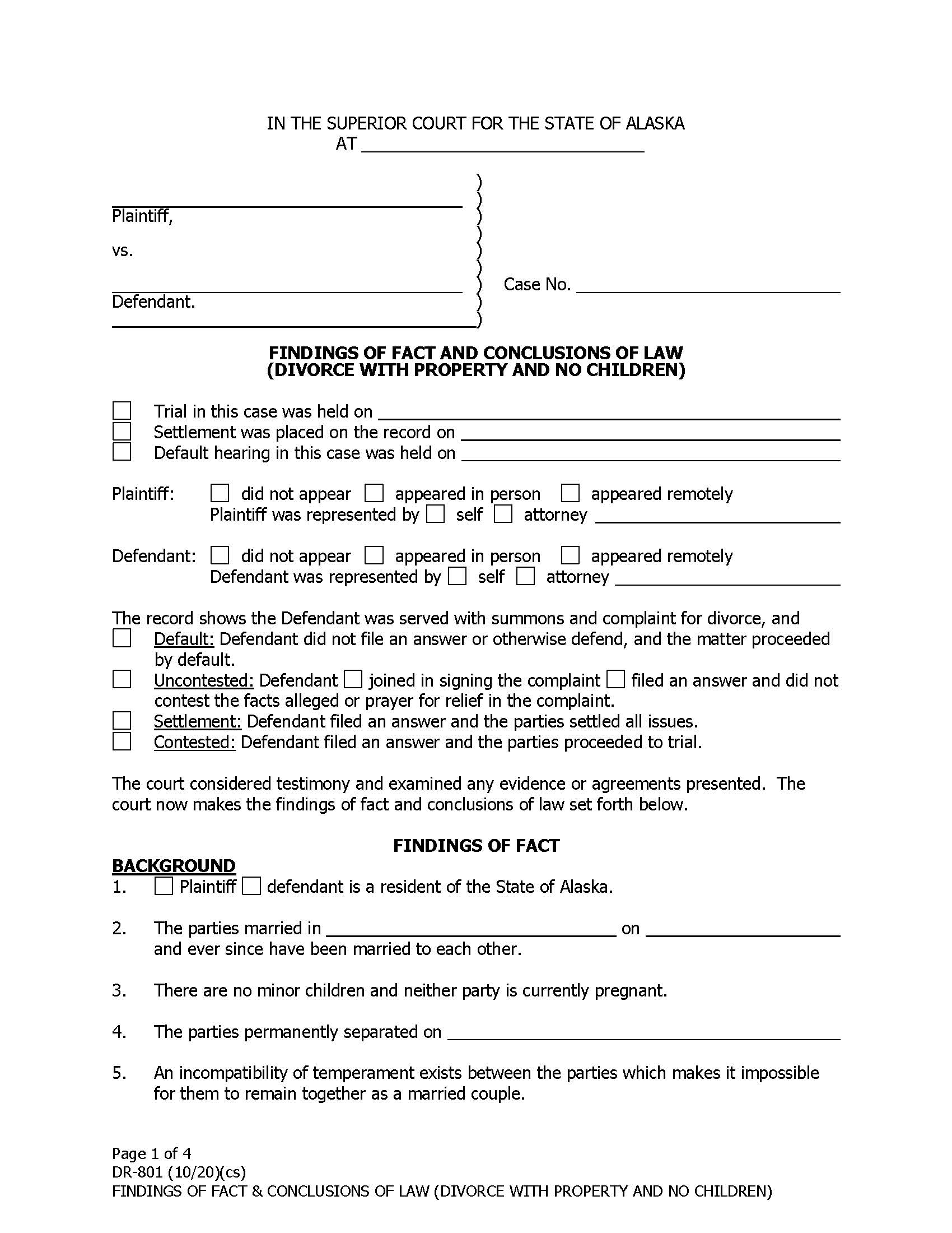 Findings Of Fact And Conclusions Of Law Divorce With Property And No Children {DR-801 & DR-806} | Pdf Fpdf Doc Docx | Alaska