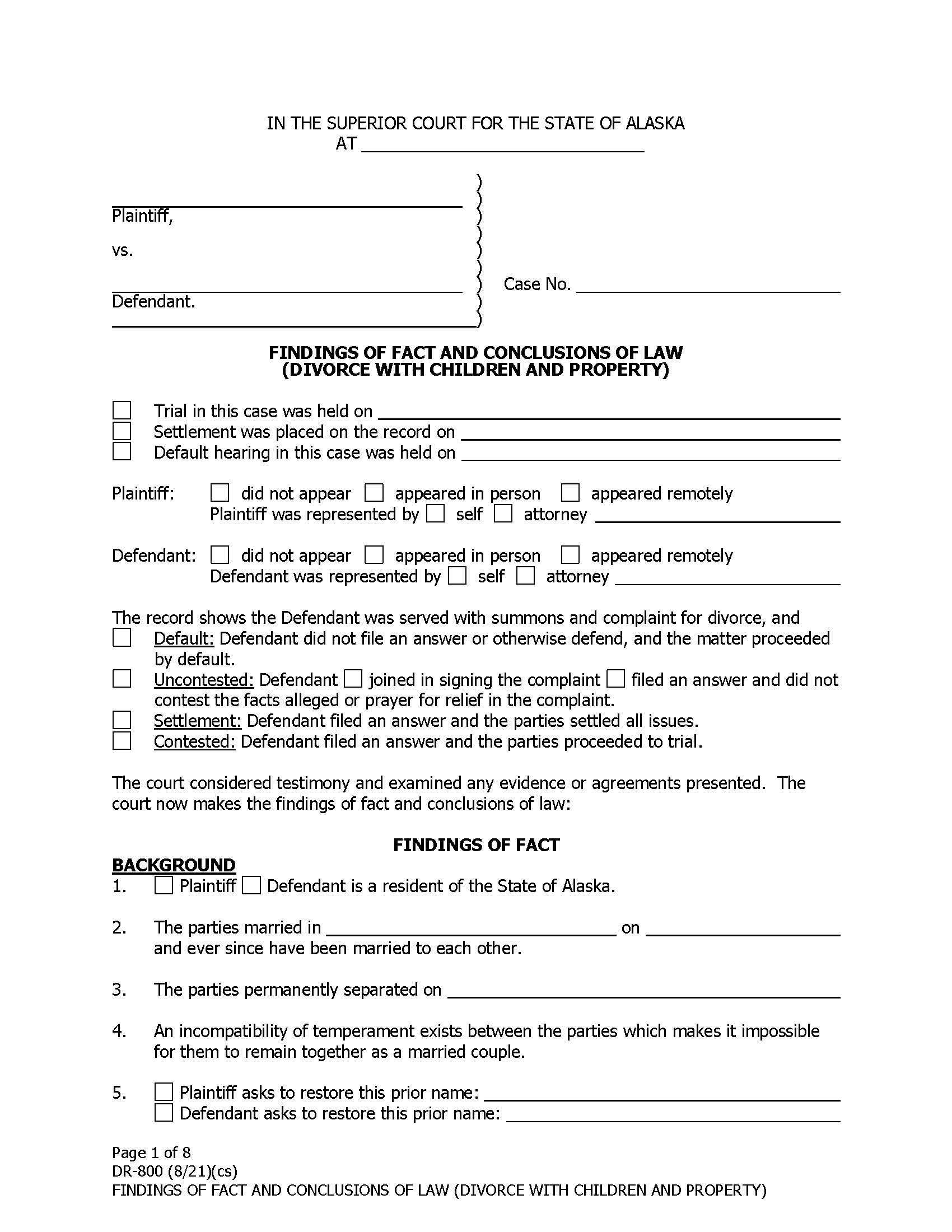 Findings Of Fact Conclusions Of Law {DR-800 & DR-805} | Pdf Fpdf Doc Docx | Alaska