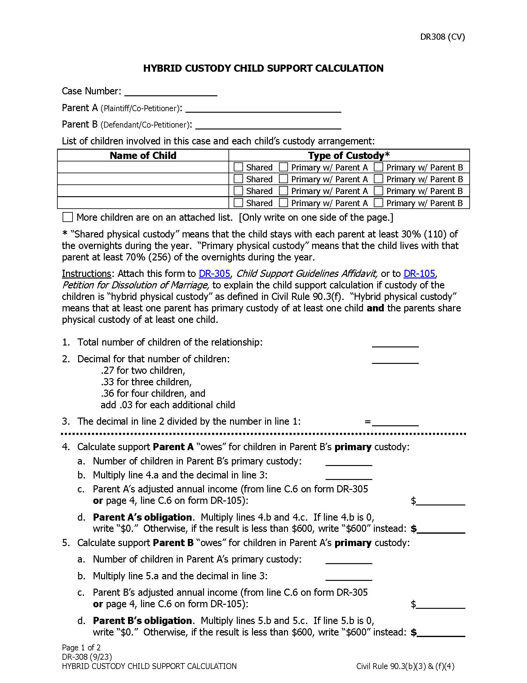 Hybrid Custody Child Support Calculation {DR-308} | Pdf Fpdf Docx | Alaska