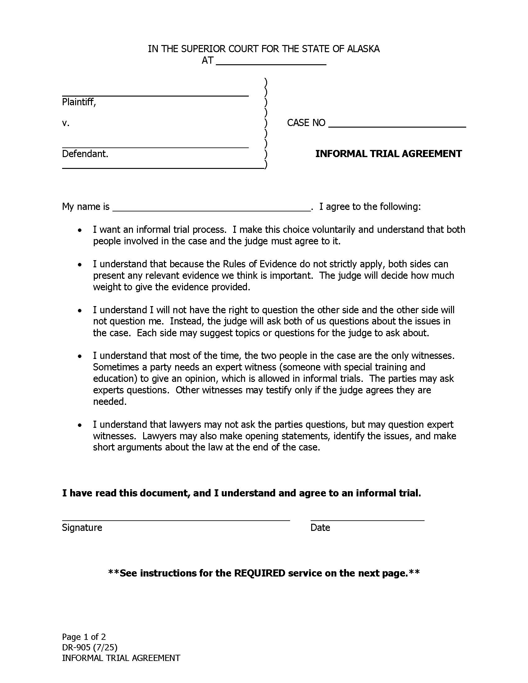 Informal Trial Agreement {DR-905} | Pdf Fpdf Doc Docx | Alaska