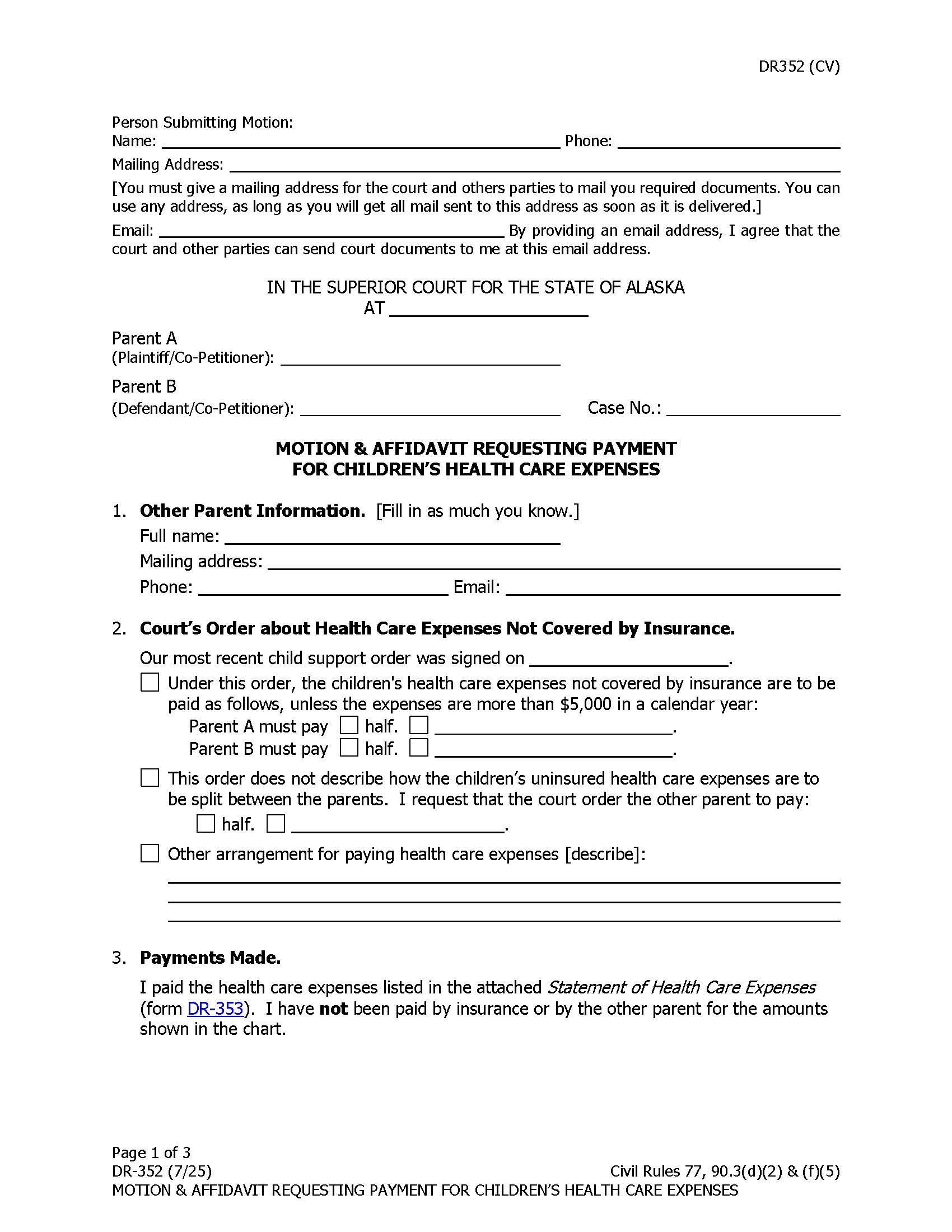 Motion And Affidavit Requesting Payment For Childrens Health Care Expenses {DR-352} | Pdf Fpdf Doc Docx | Alaska