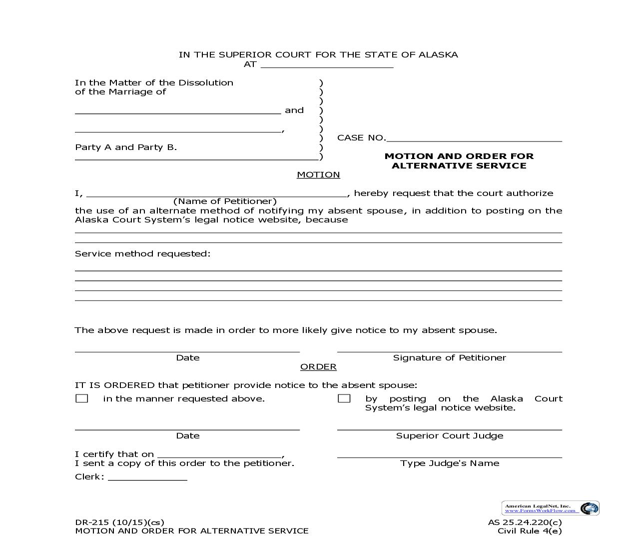 Motion And Order For Alternative Service {DR-215} | Pdf Fpdf Docx | Alaska