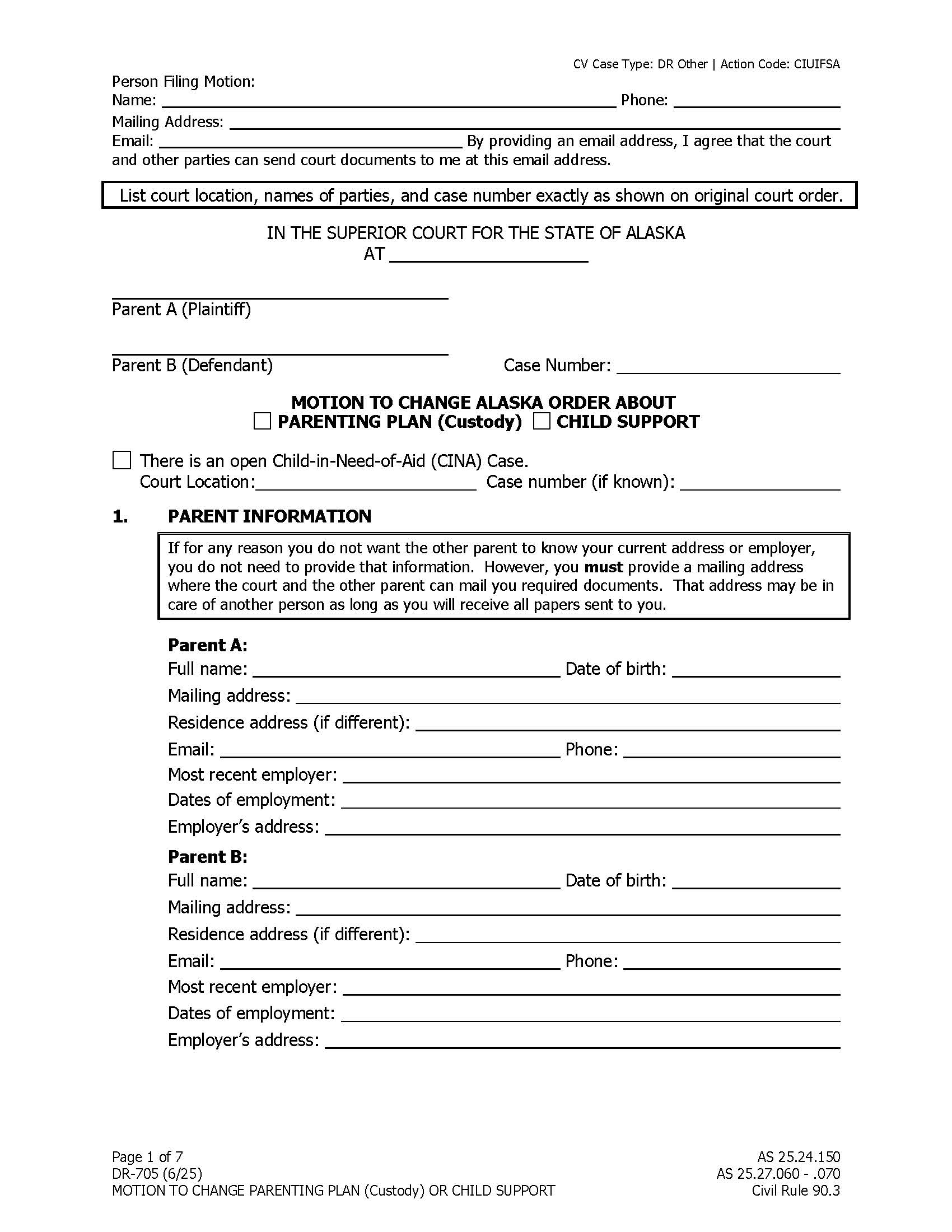 Motion To Change Custody Support Or Visitation {DR-705} | Pdf Fpdf Docx | Alaska