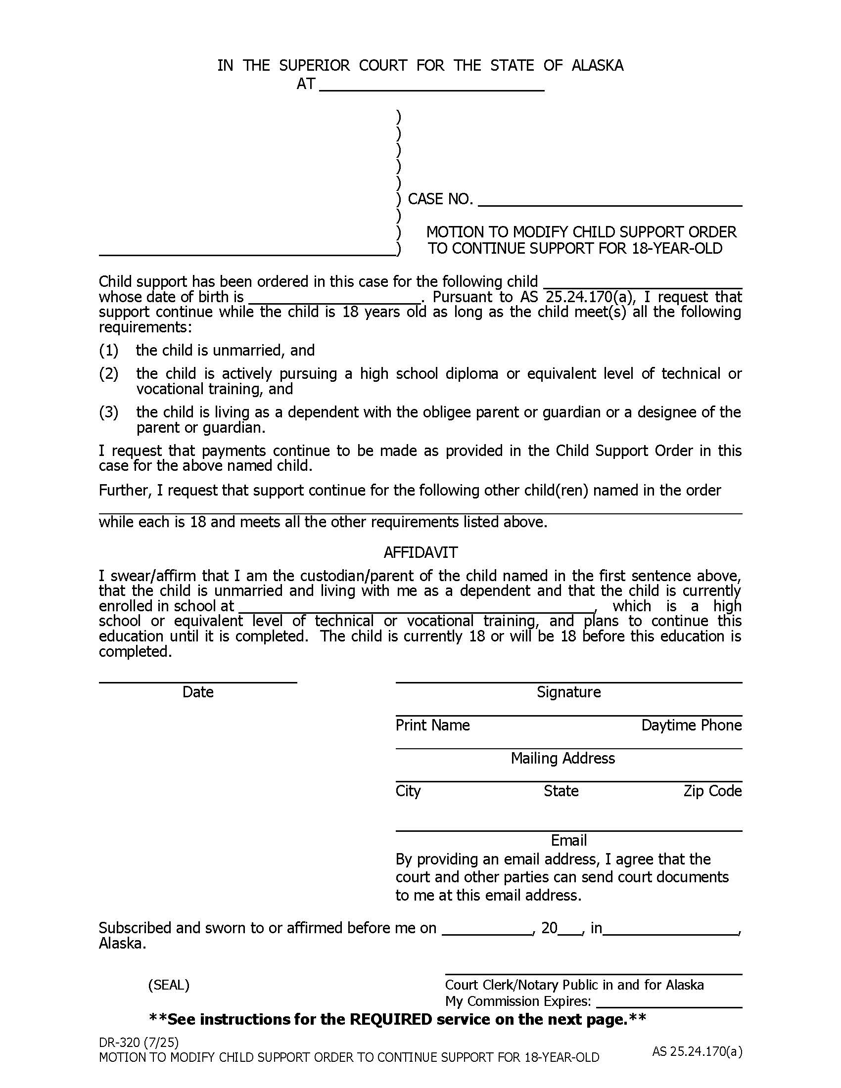 Motion To Modify Child Support Order To Continue Support For 18-Year-Old {DR-320} | Pdf Fpdf Doc Docx | Alaska