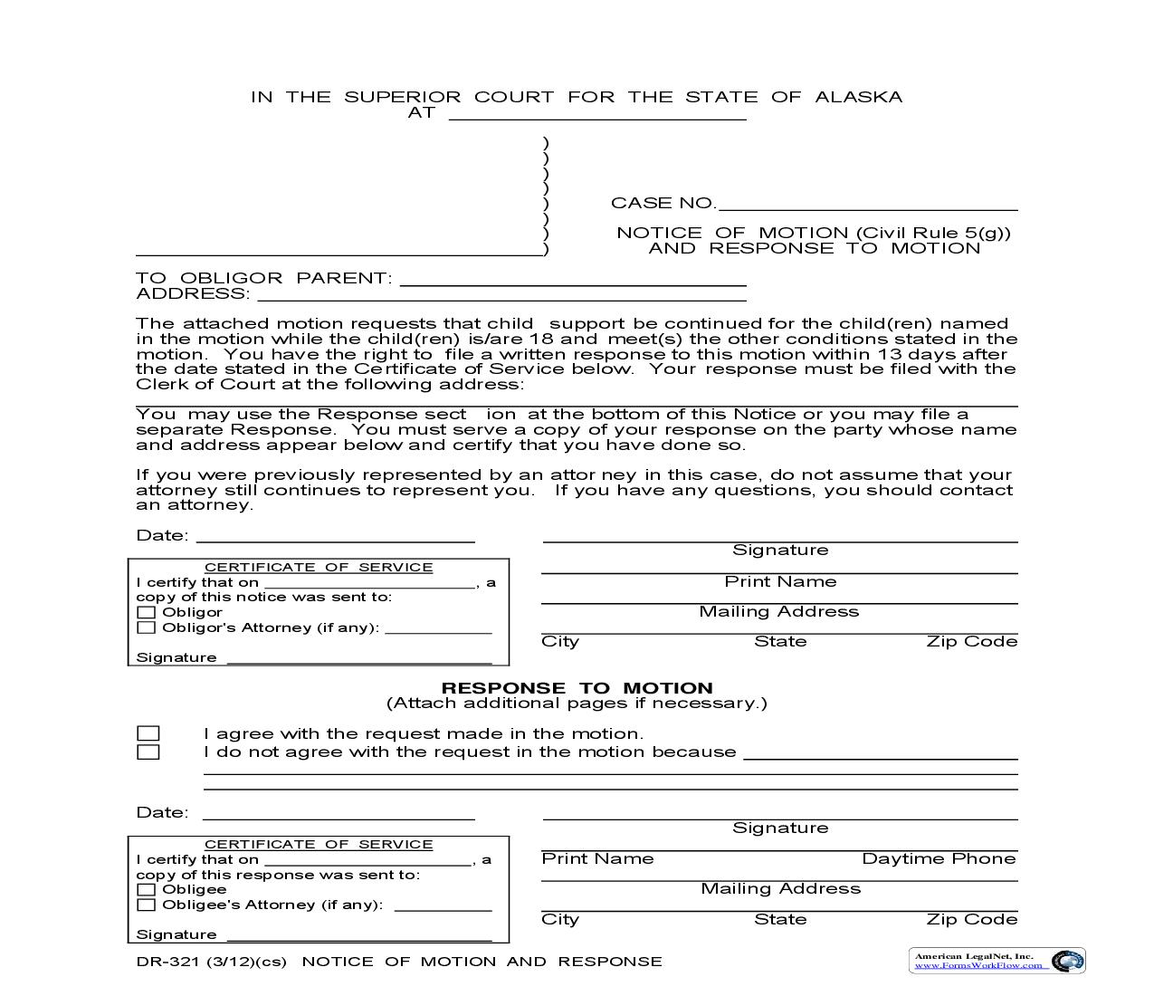 Notice Of Motion And Response To Motion {DR-321} | Pdf Fpdf Doc Docx | Alaska