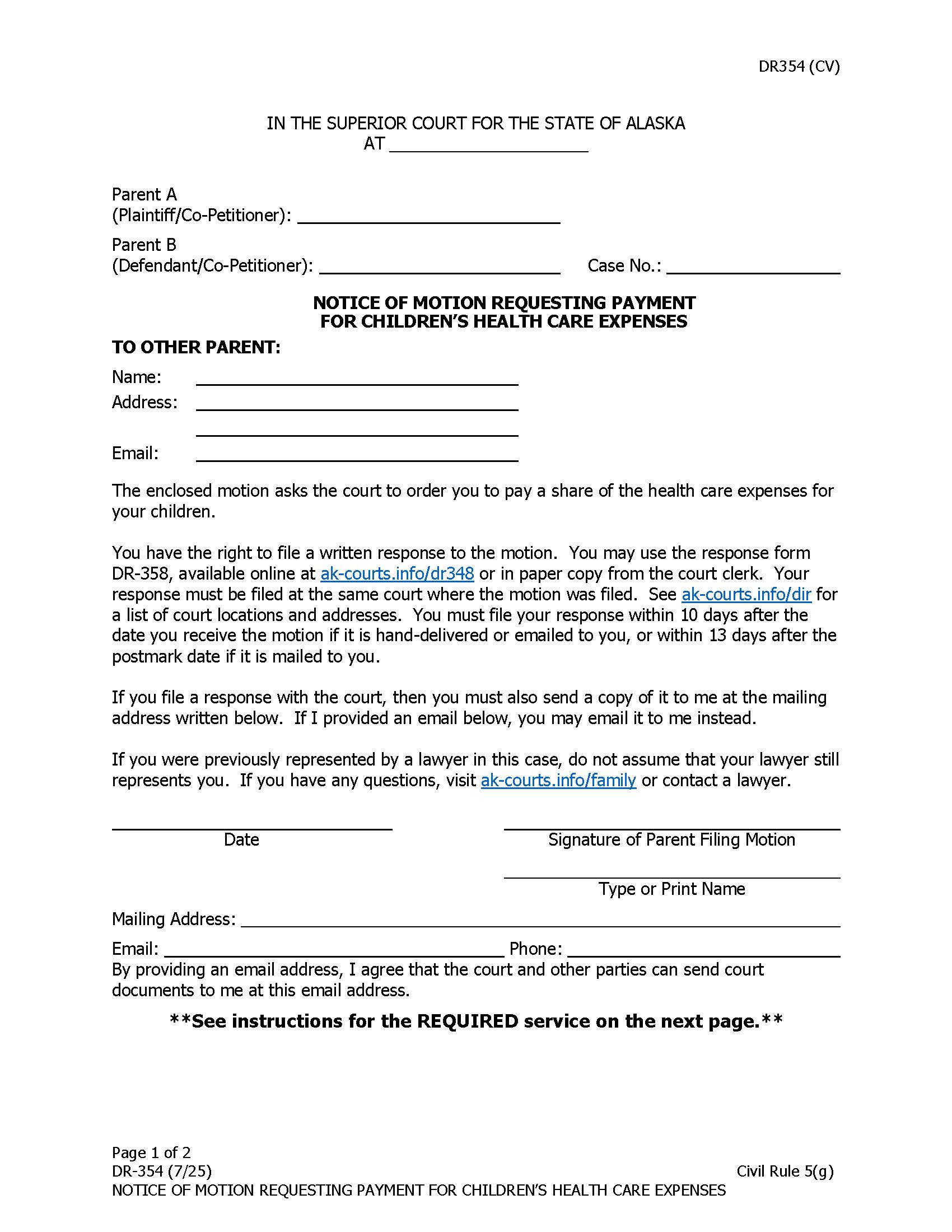 Notice Of Motion Requesting Payment For Childrens Health Care Expenses {DR-354} | Pdf Fpdf Doc Docx | Alaska