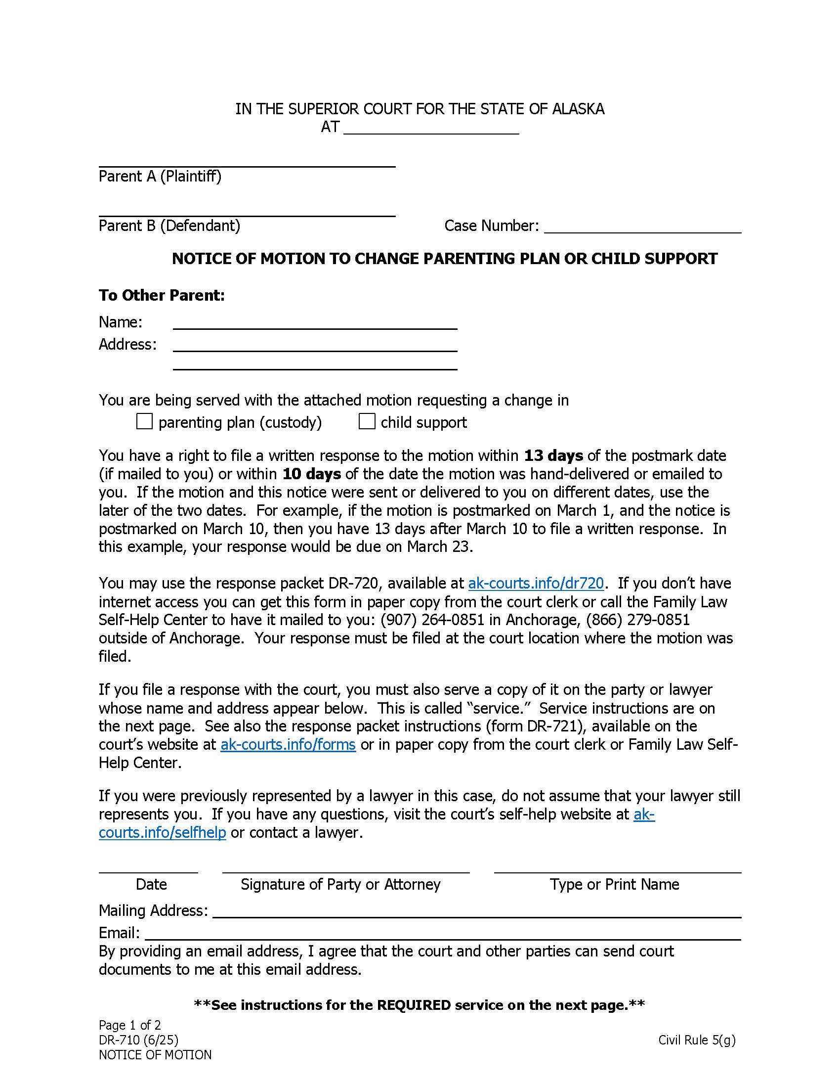 Notice Of Motion To Change Custody Support Or Visitation {DR-710} | Pdf Fpdf Doc Docx | Alaska