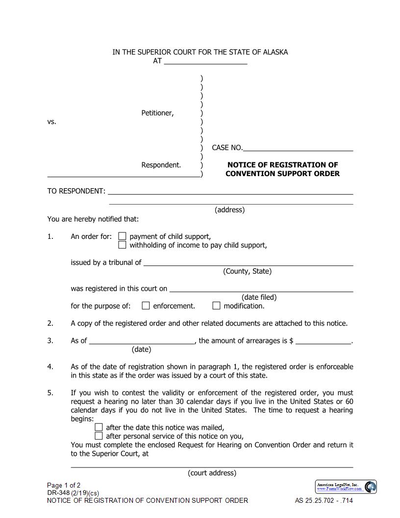 Notice Of Registration Of Convention Support Order {DR-348} | Pdf Fpdf Docx | Alaska