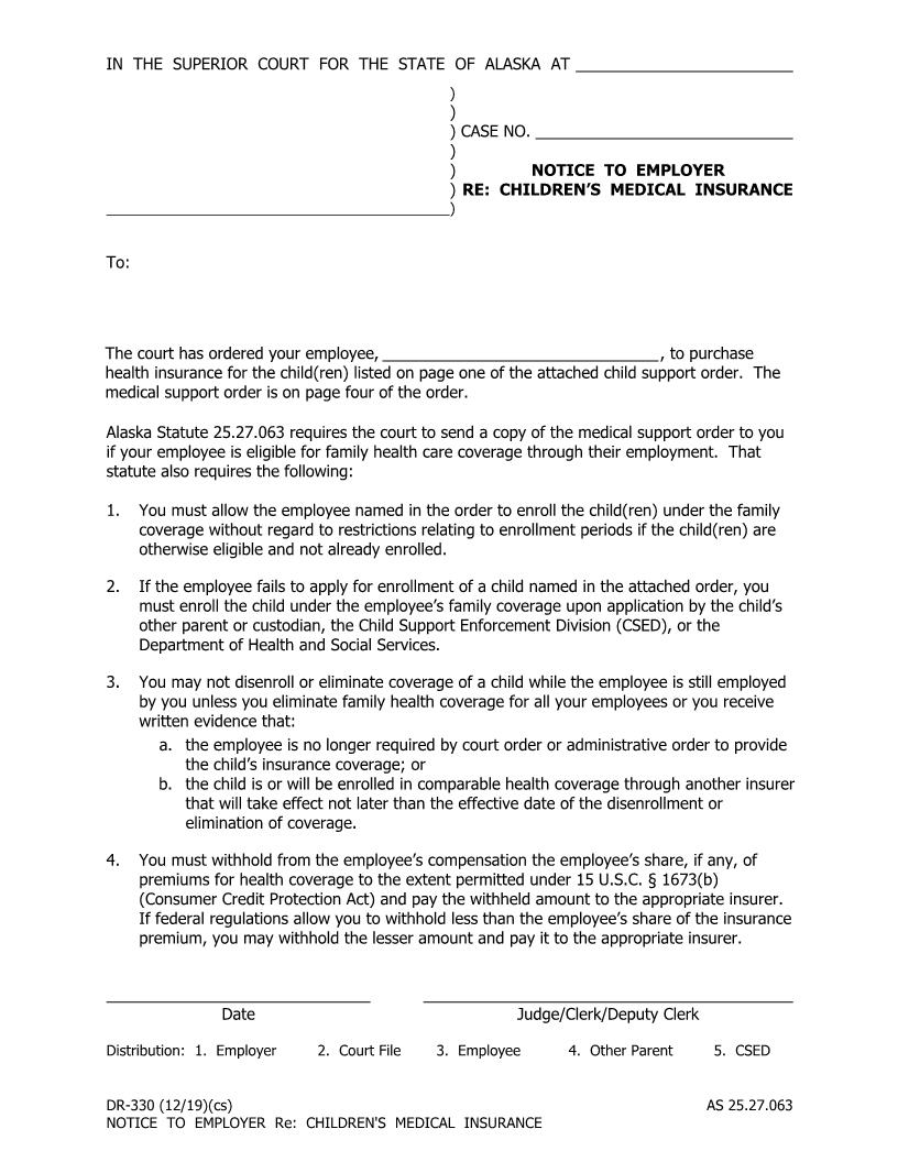 Notice To Employer Regarding Childrens Medical Insurance {DR-330} | Pdf Fpdf Doc Docx | Alaska