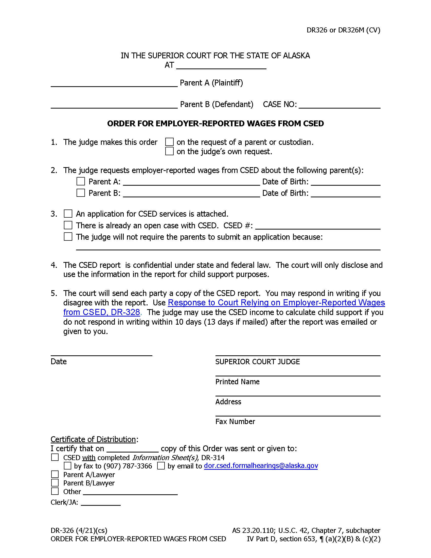 Order For Employer-Reported Wages From CSED {DR-326} | Pdf Fpdf Doc Docx | Alaska