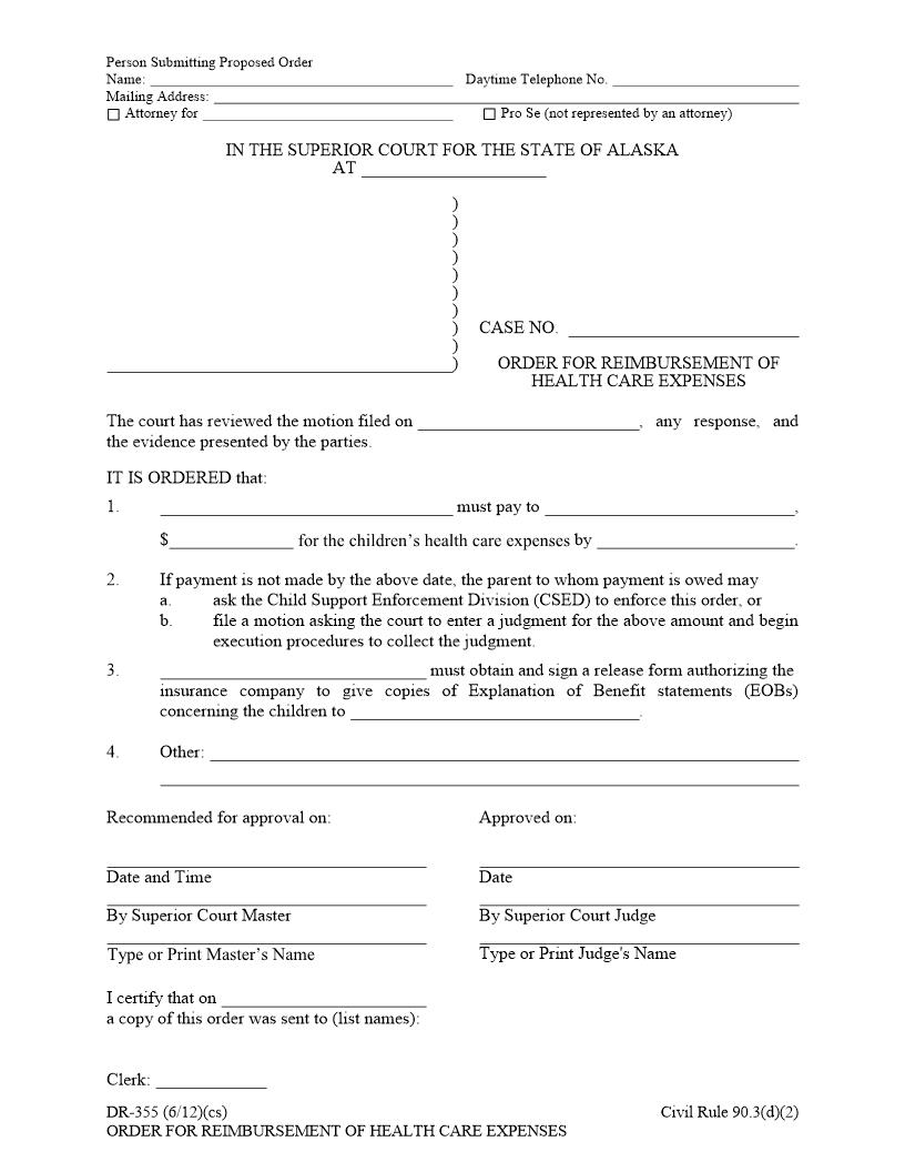 Order For Reimbursement Of Health Care Expenses {DR-355} | Pdf Fpdf Doc Docx | Alaska
