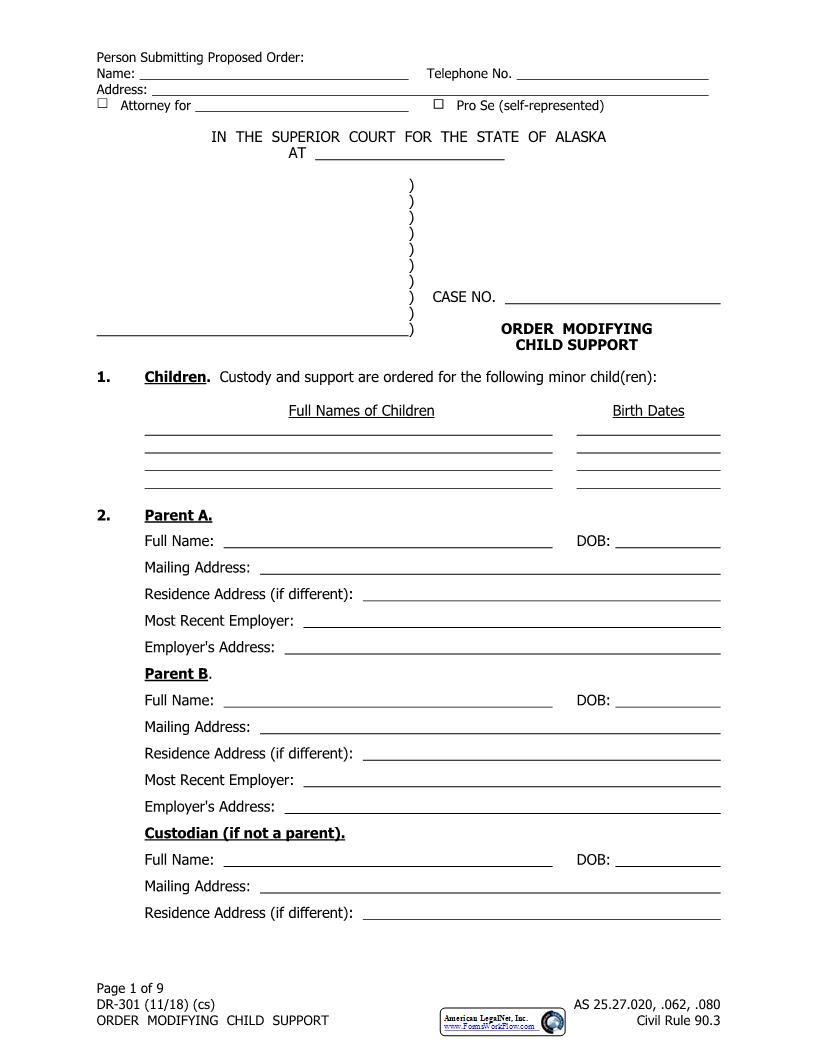 Order Modifying Child Support {DR-301} | Pdf Fpdf Docx | Alaska