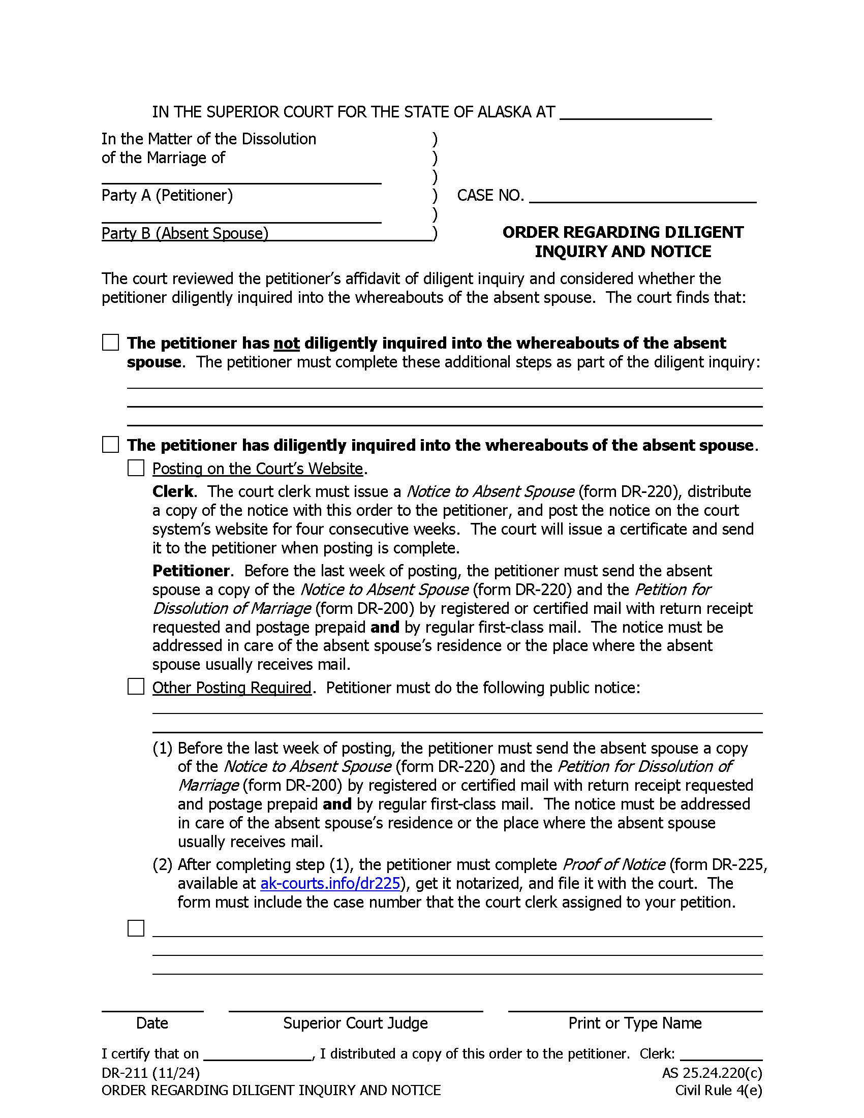 Order Re Diligent Inquiry And Notice {DR-211} | Pdf Fpdf Docx | Alaska