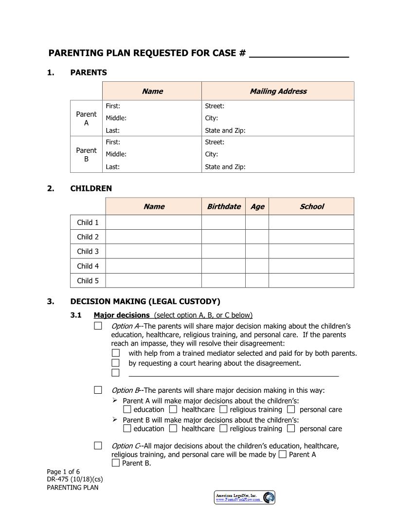 Parenting Plan {DR-475} | Pdf Fpdf Docx | Alaska