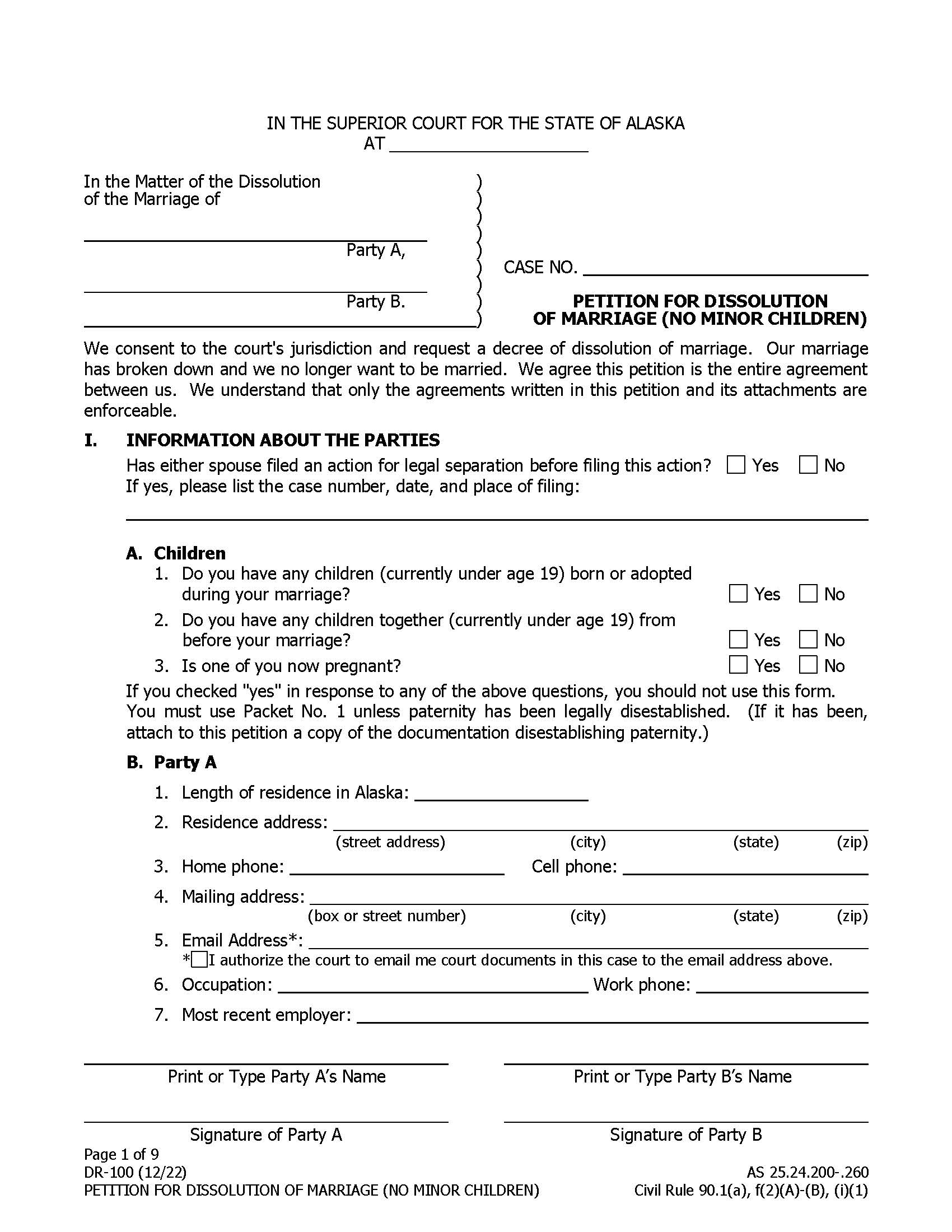 Petition For Dissolution Of Marriage No Minor Children {DR-100} | Pdf Fpdf Docx | Alaska