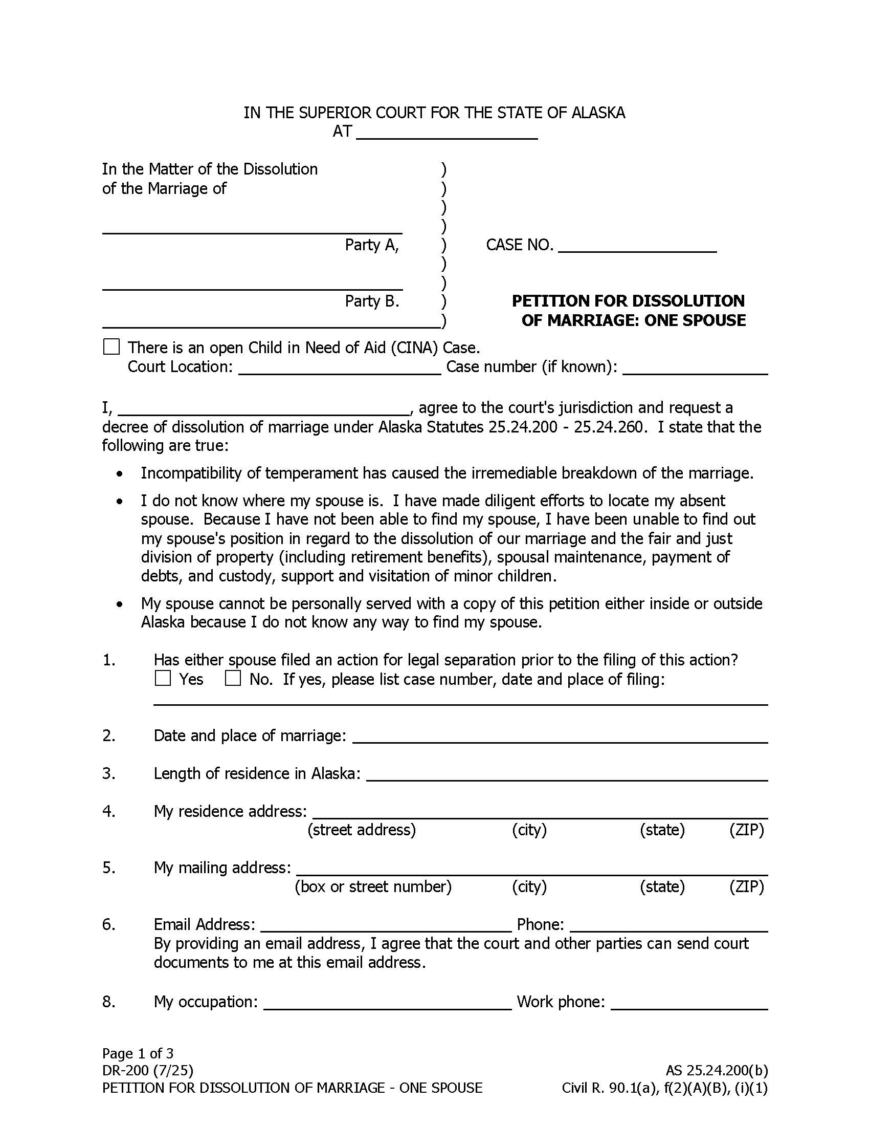 Petition For Dissolution Of Marriage One Spouse {DR-200} | Pdf Fpdf Docx | Alaska