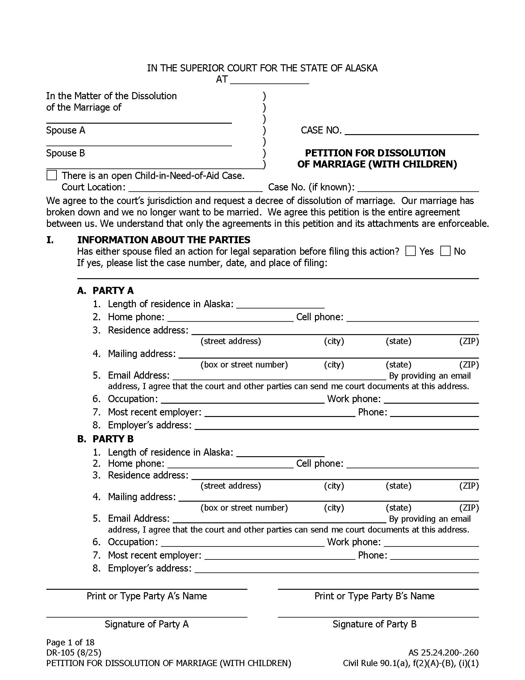 Petition For Dissolution Of Marriage With Children {DR-105} | Pdf Fpdf Docx | Alaska