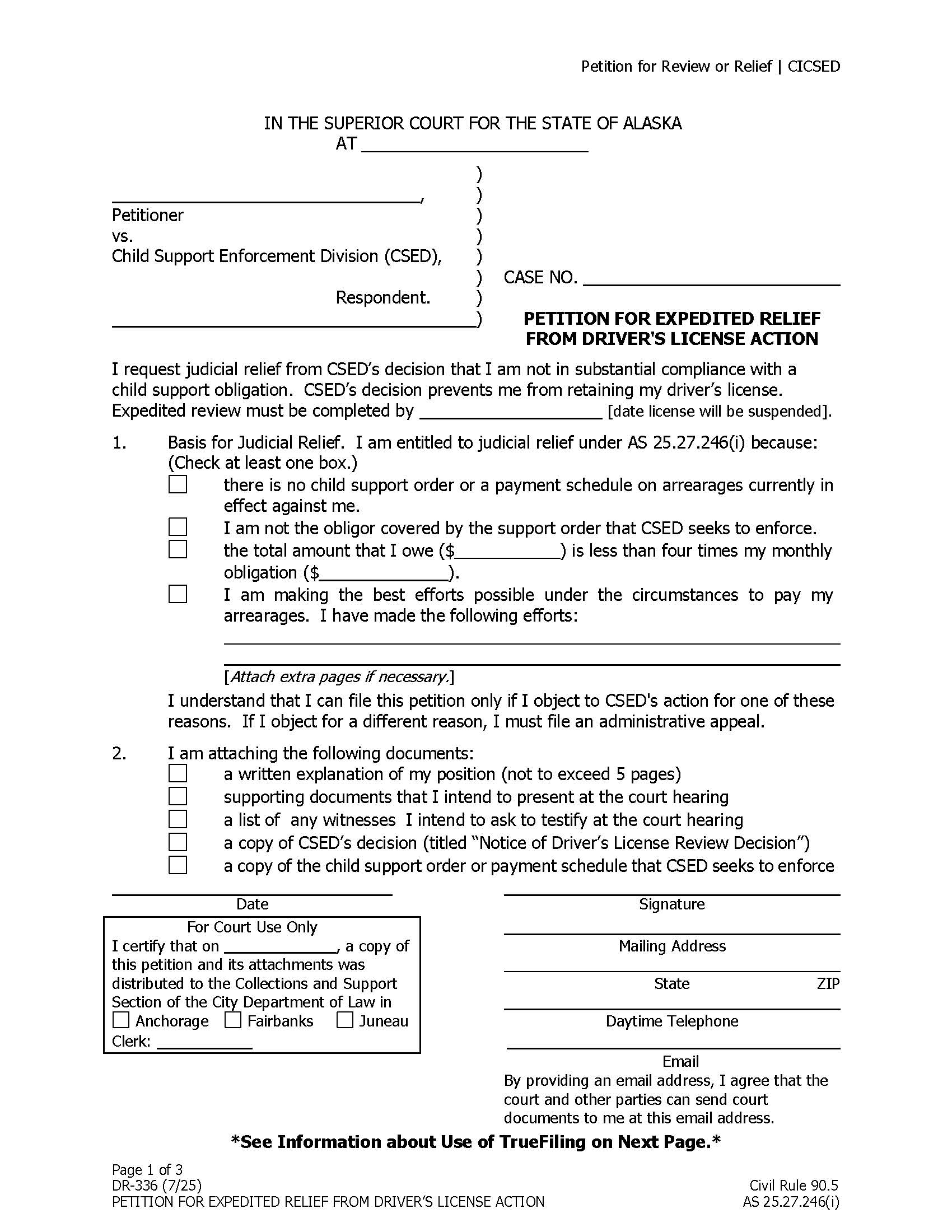 Petition For Expedited Relief From Drivers License Action {DR-336} | Pdf Fpdf Docx | Alaska