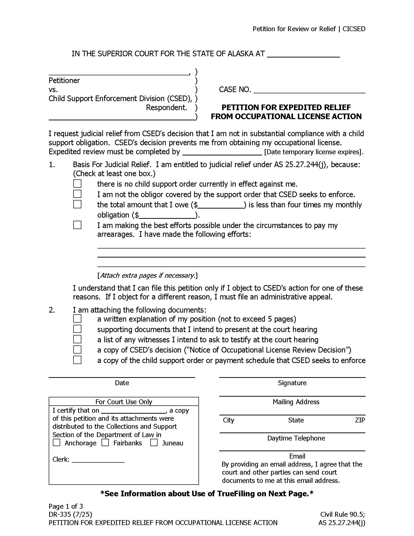 Petition For Expedited Relief From Occupational License Action {DR-335} | Pdf Fpdf Docx | Alaska