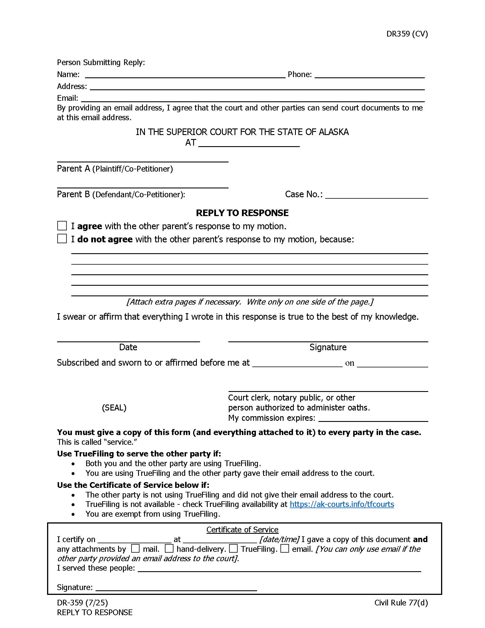 Reply To Response (Regarding Childrens Health Care Expense Reimbursement) {DR-359} | Pdf Fpdf Doc Docx | Alaska